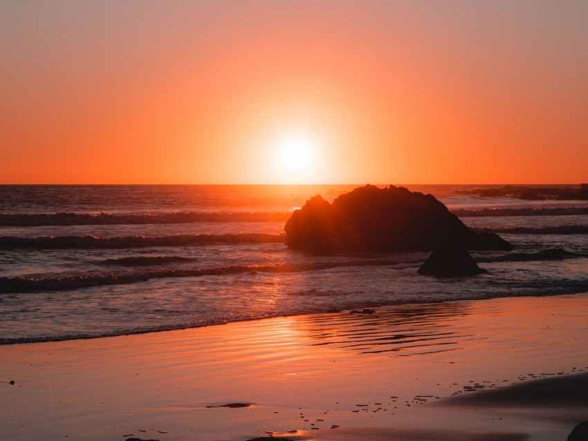 sea, coast, sunset, stones, waves, horizon