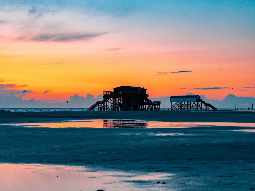 sea, coast, sunset, water, sky, puddle