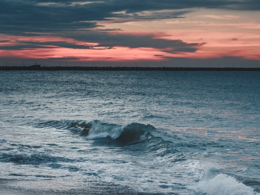 sea, coast, wave, surf, twilight, horizon