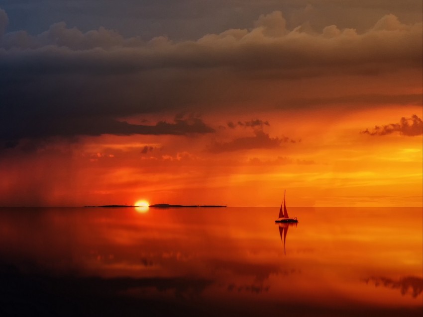 Sea Horizon Sail Sunset Lonely Clouds Background