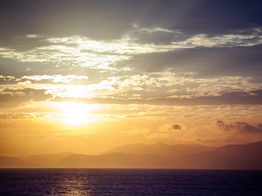 Sea Horizon Sunset Clouds Mountains Fog Background