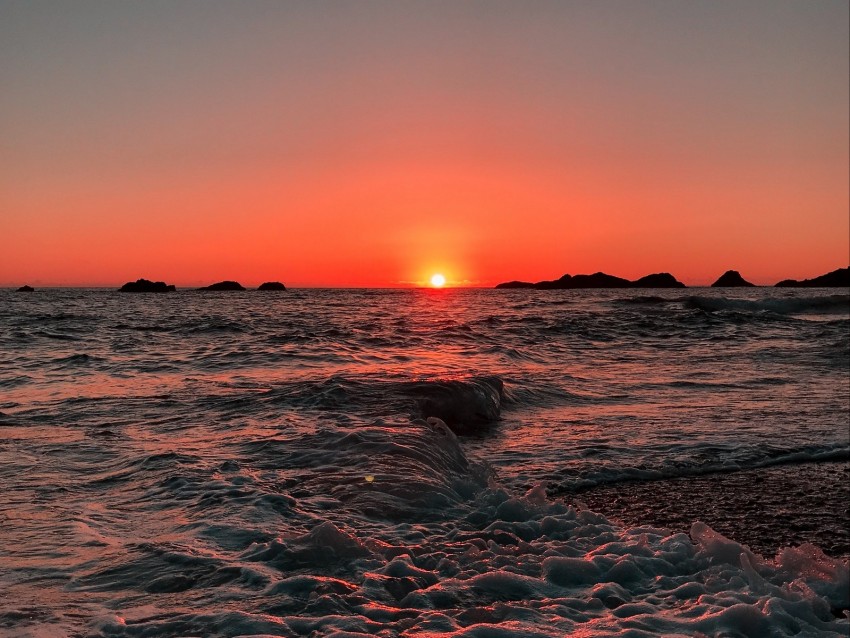 sea, ocean, sunset, foam, surf, horizon