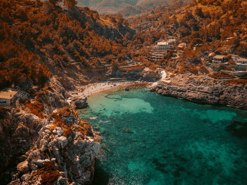 sea, rocks, aerial view, coast, beach, bay