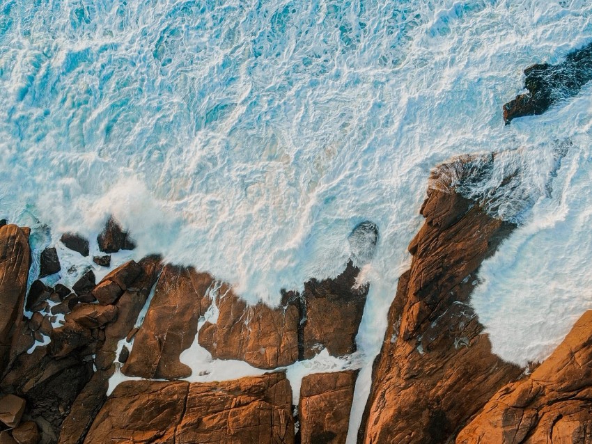 Sea Rocks Aerial View Coast Waves Background