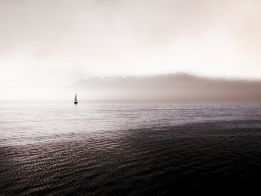 Sea Sailboat Fog Waves Distance Background