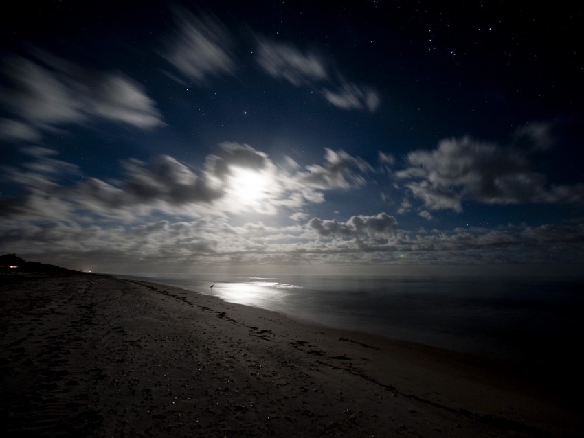 sea, shore, night, clouds, starry sky