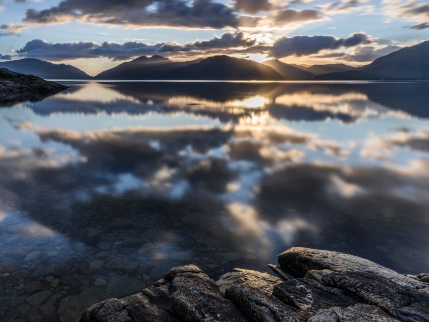 sea, stones, mountains, sunset