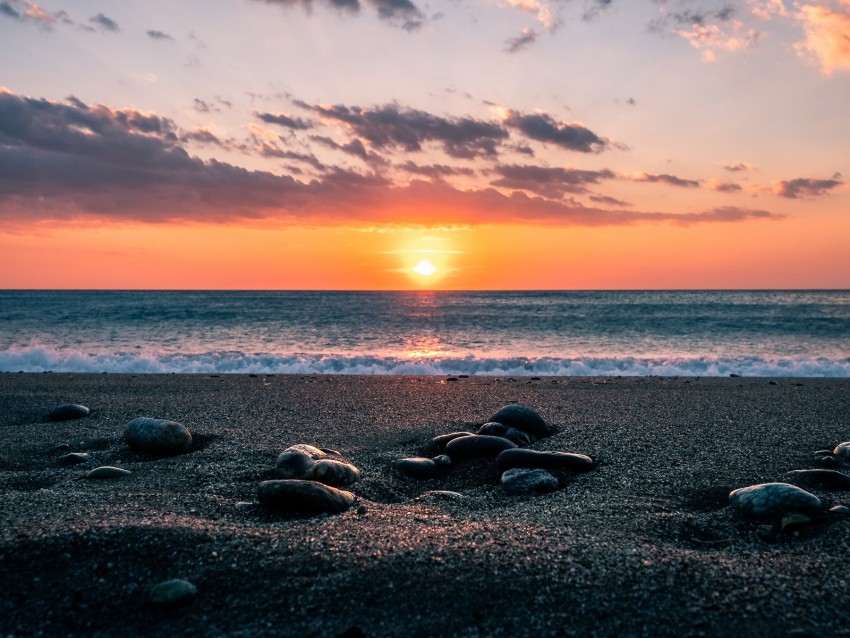 Sea Stones Shore Horizon Sunset Sky Background