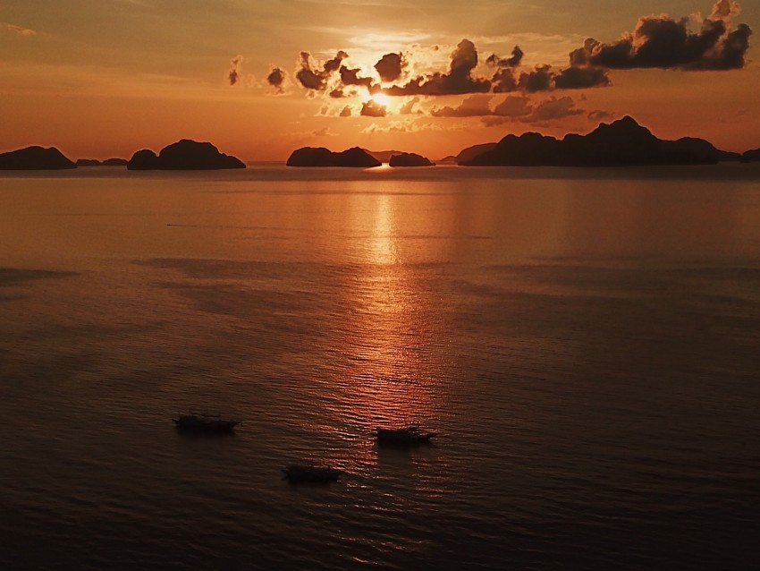 sea, sunset, boats, aerial view, twilight, dark