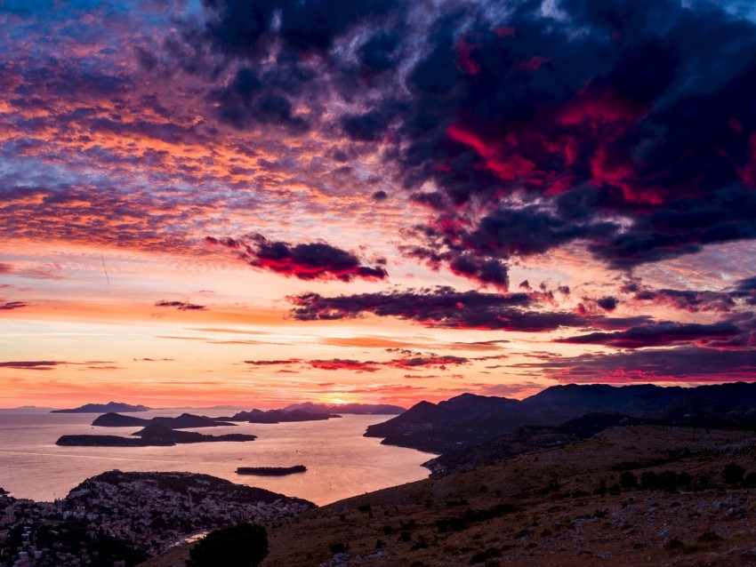 Sea Sunset Clouds Mountains Croatia Background