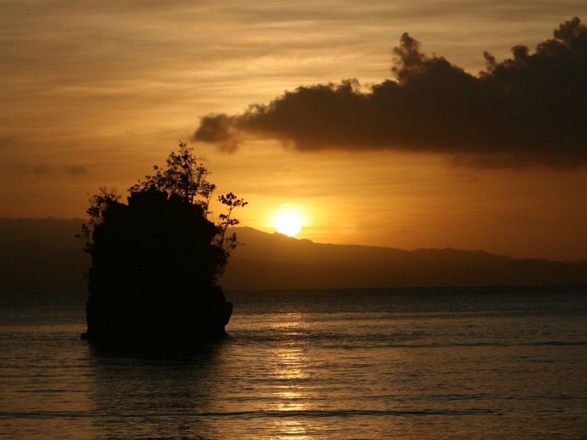 sea, sunset, dark, island, rock