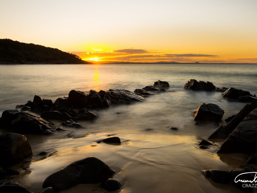 sea, sunset, stones, horizon, sky