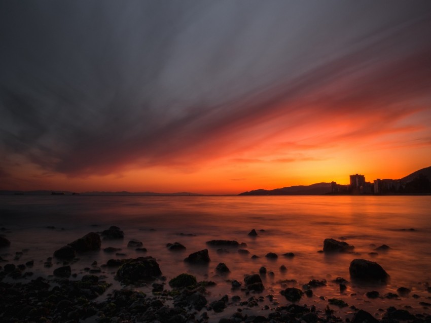 sea, sunset, stones, horizon, sky, coast