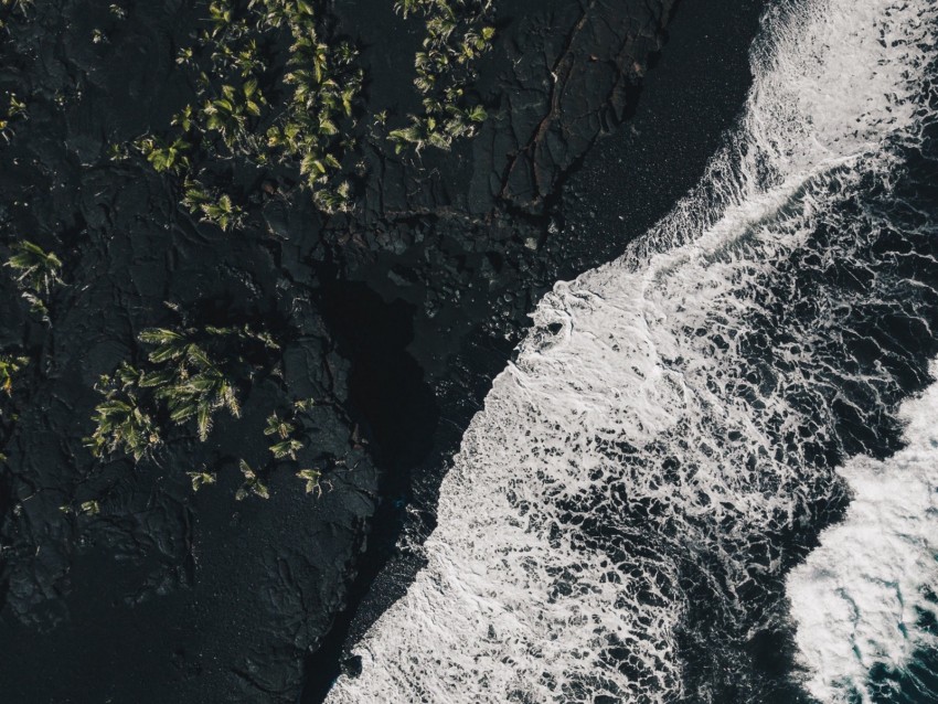 sea, surf, aerial view, foam, ocean, dark, rocks