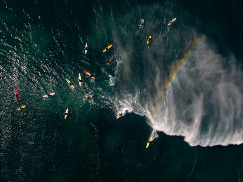 Sea Surfers Aerial View Surfing Waves Rainbow Background