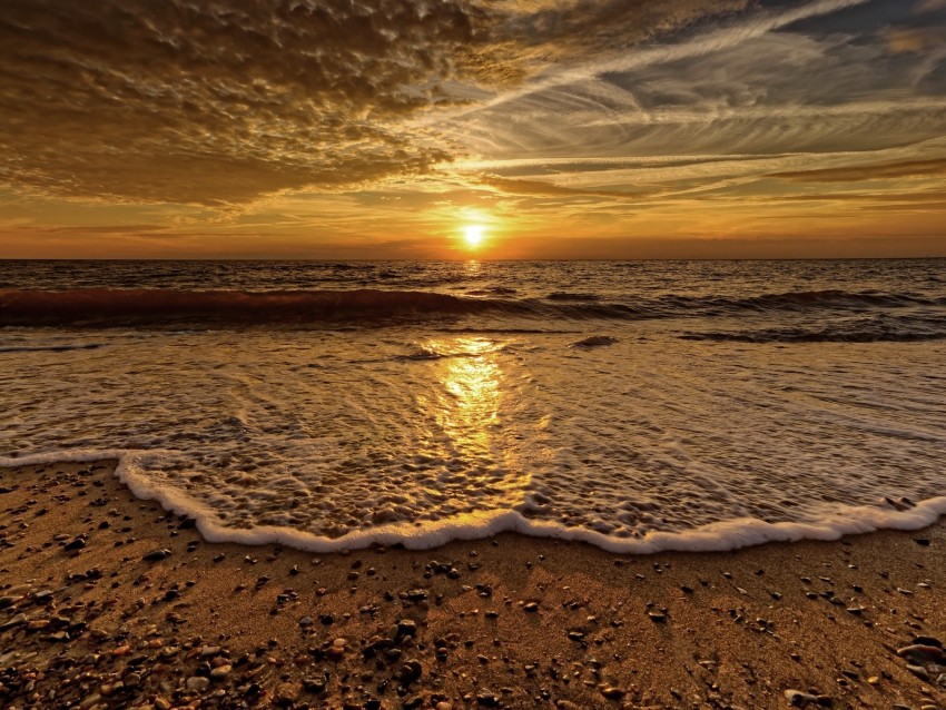 sea, wave, beach, horizon, sunset, clouds, foam