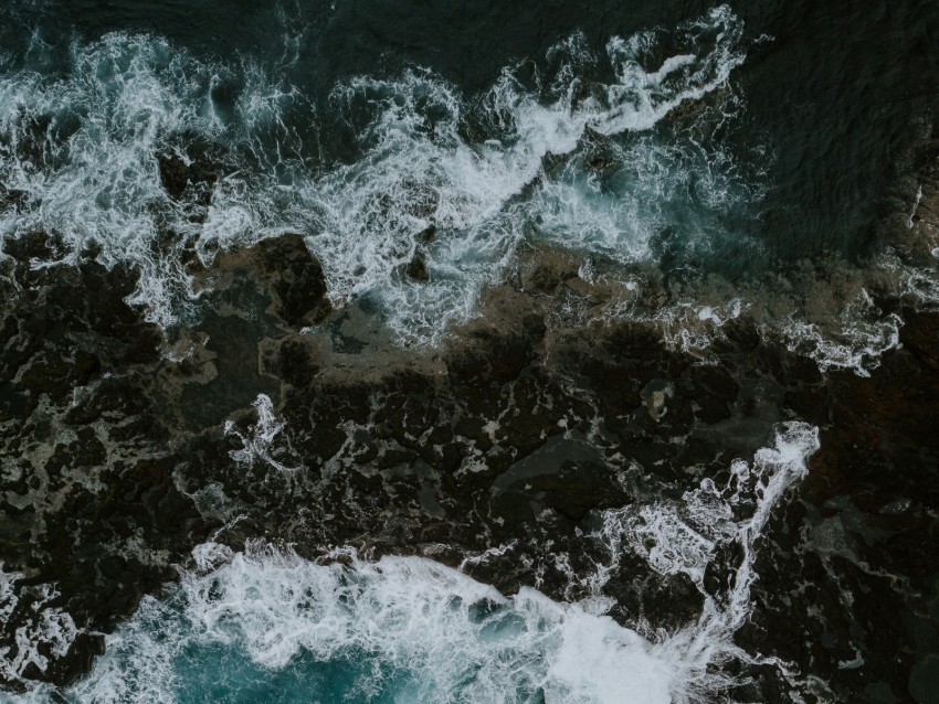 sea, waves, aerial view, stones, shore