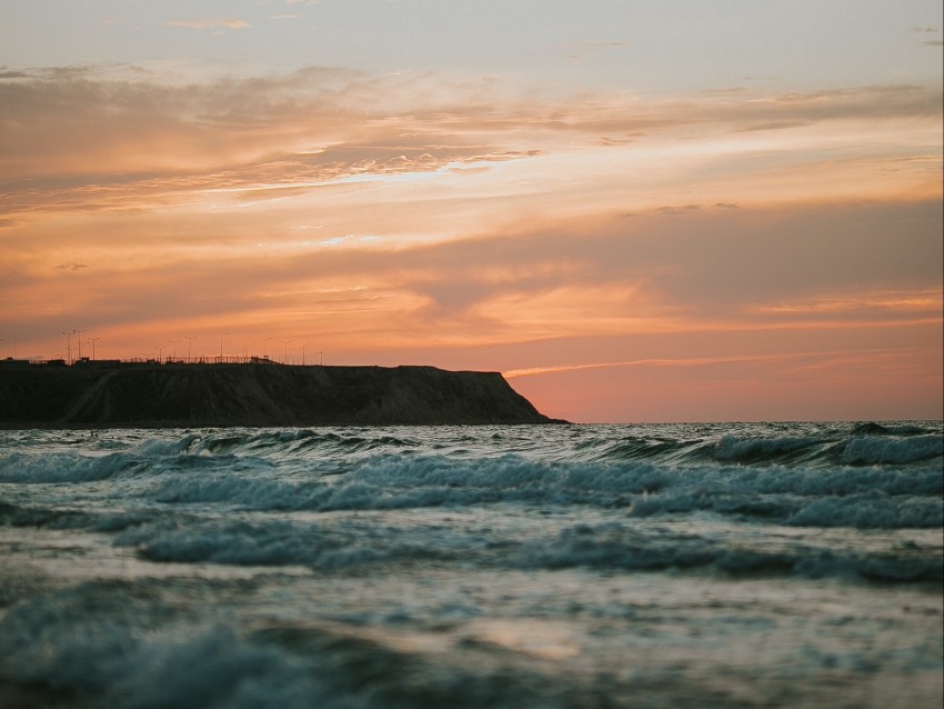 Sea Waves Coast Sunset Twilight Background