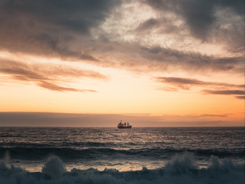 sea, waves, ship, sunset, horizon