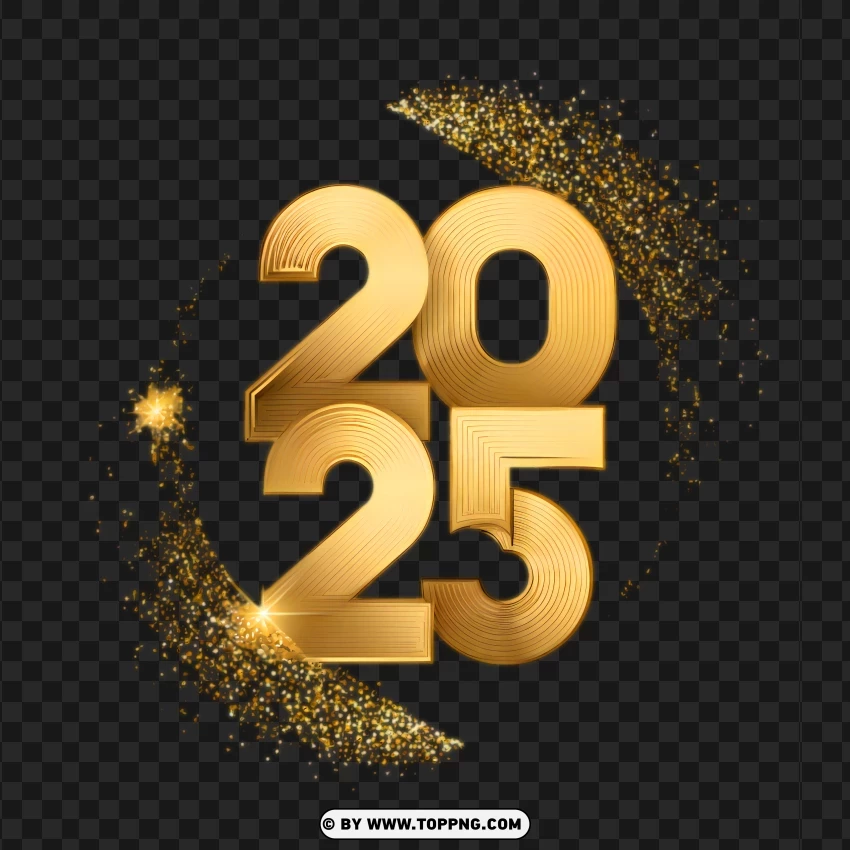 Shiny Gold Volumetric 2025 New Year Design PNG Transparent Background