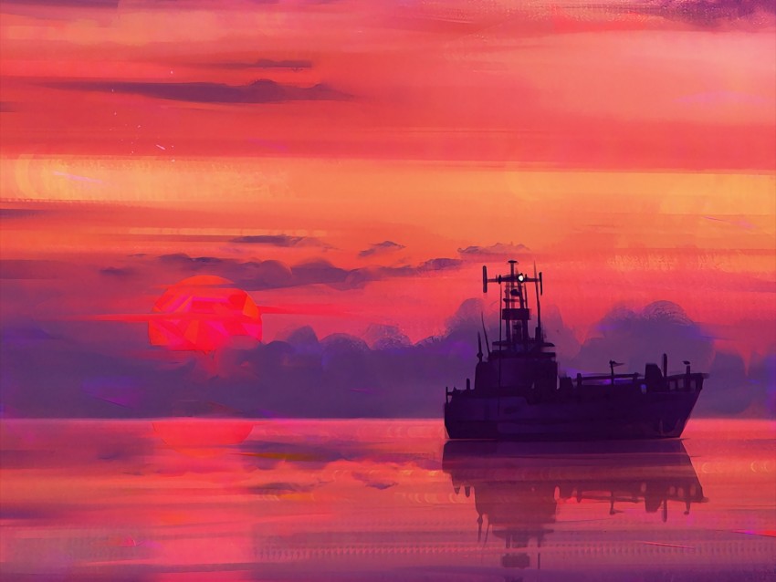 Ship Art Sea Sunset Horizon Sky Clouds Background