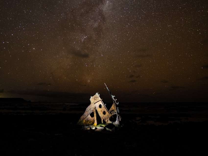 ship, debris, starry sky, milky way, night, stars