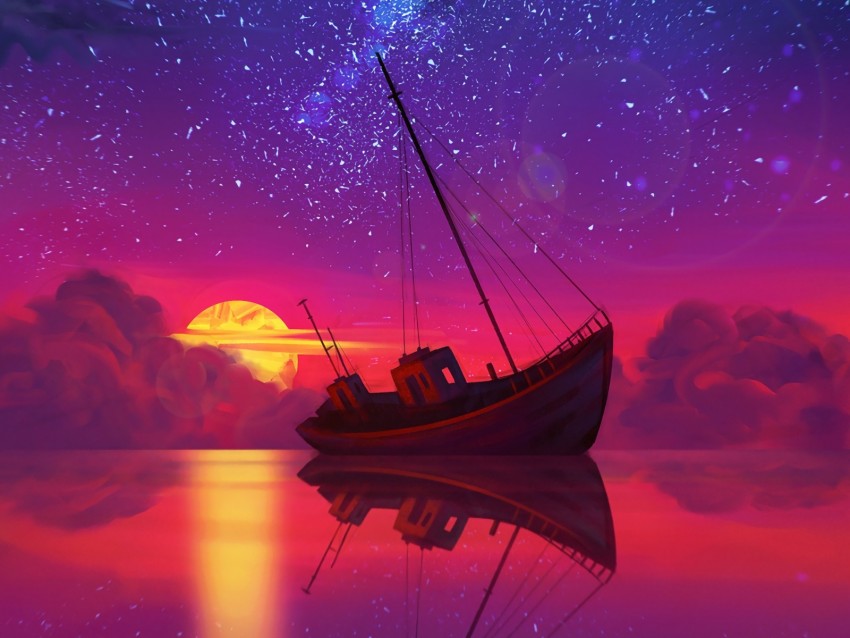 Ship Full Moon Horizon Sunset Art Background