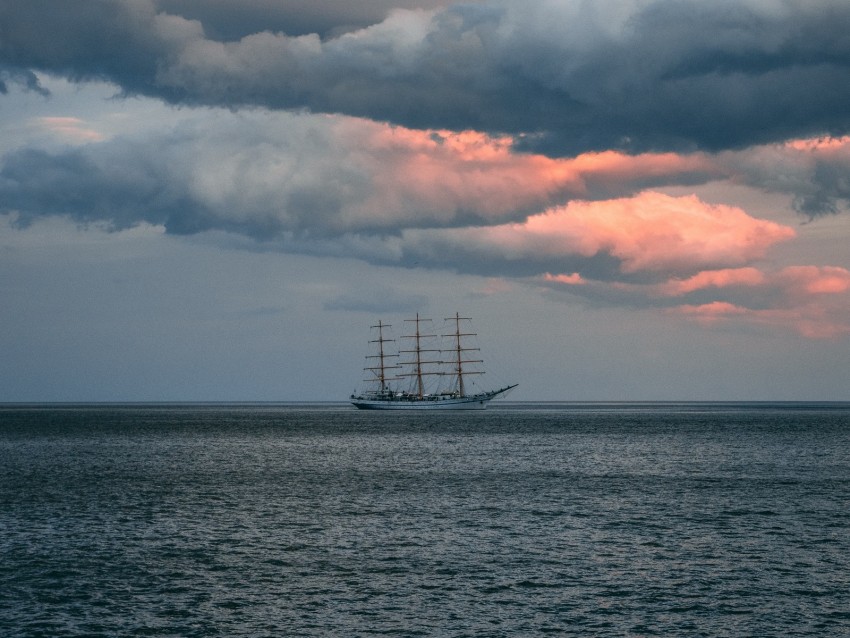 Ship Sea Horizon Clouds Ripples Background