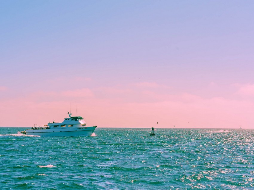 ship, sea, horizon, waves, pastel