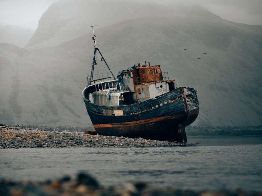 Ship Shore Fog Shallow Abandoned Background