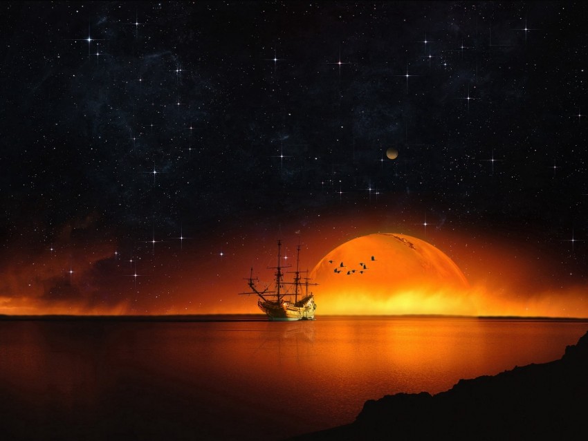 ship, starry sky, night, sea, photoshop