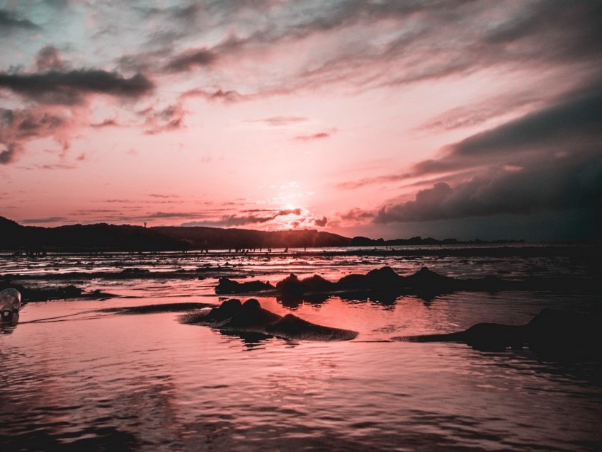 shore, beach, sunset, ocean, sand, sunlight, shallows