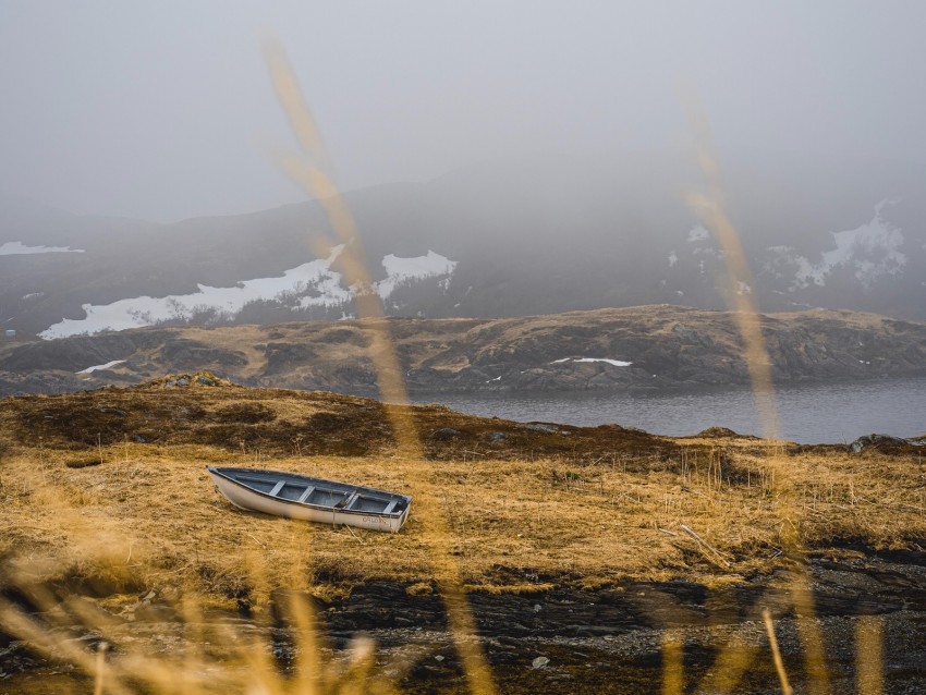 shore, boat, fog, lake, hills