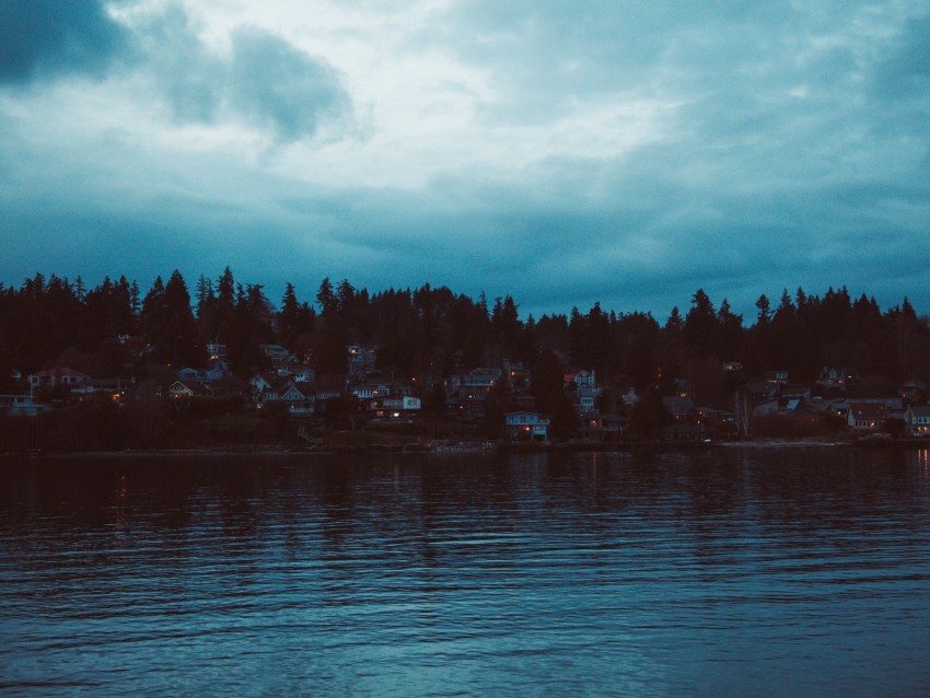 Shore River Home Village Twilight Sunset Sky Background