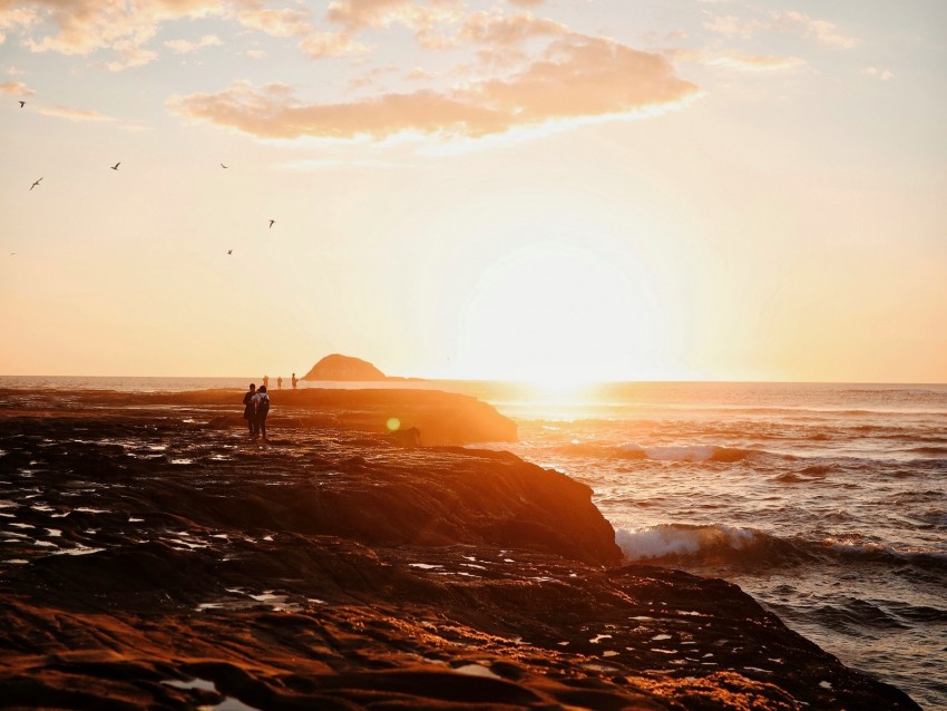 shore, sea, sunset, silhouettes, clouds, surf