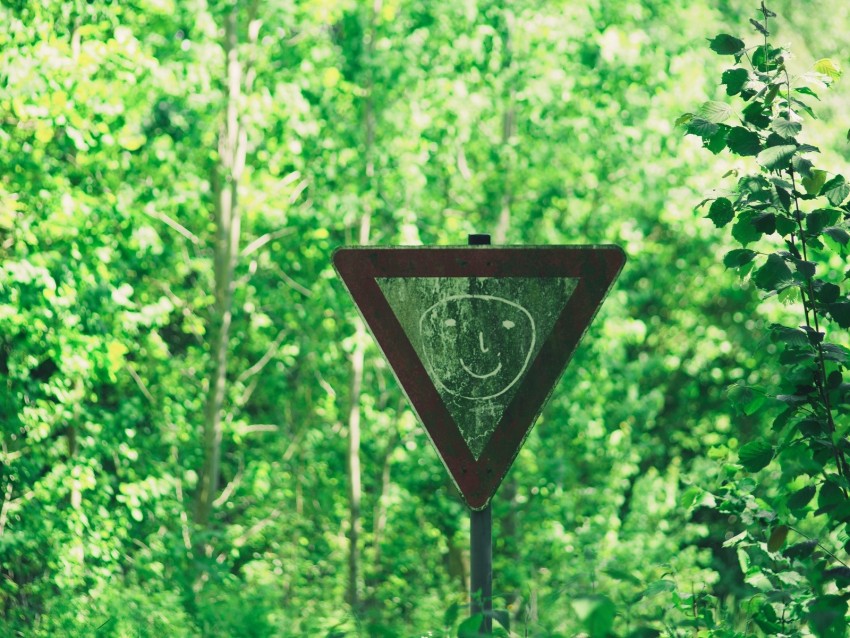 sign, face, drawing, smile, forest, trees