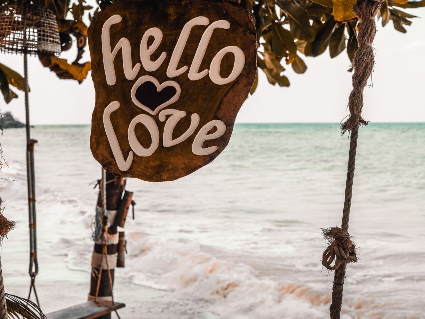 signboard, inscription, love, ocean, waves