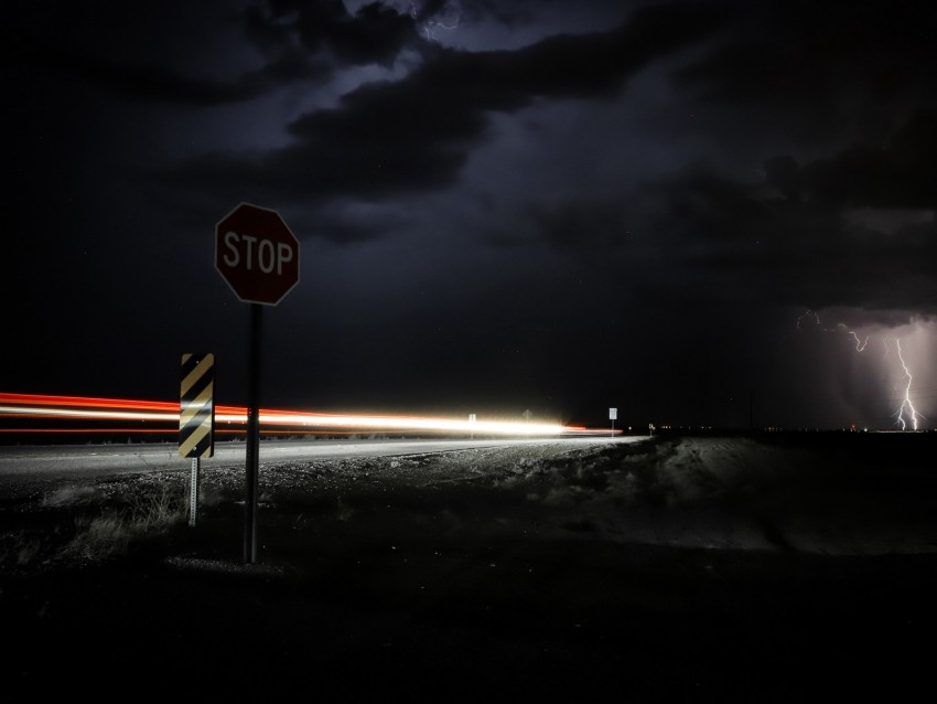 Signs Road Night Dark Thunderstorm Background