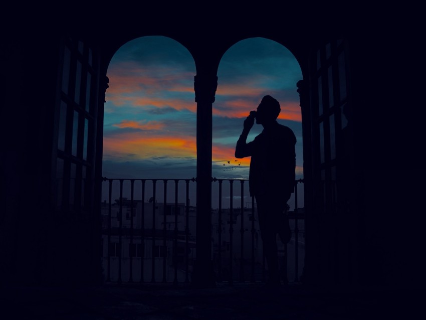 silhouette, arch, twilight, dark, man