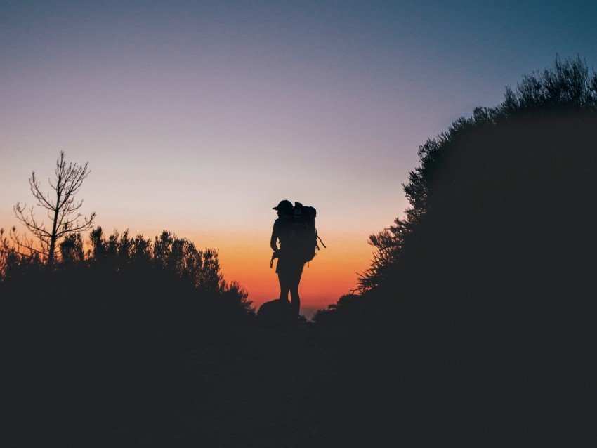 silhouette, backpack, tourist, hill