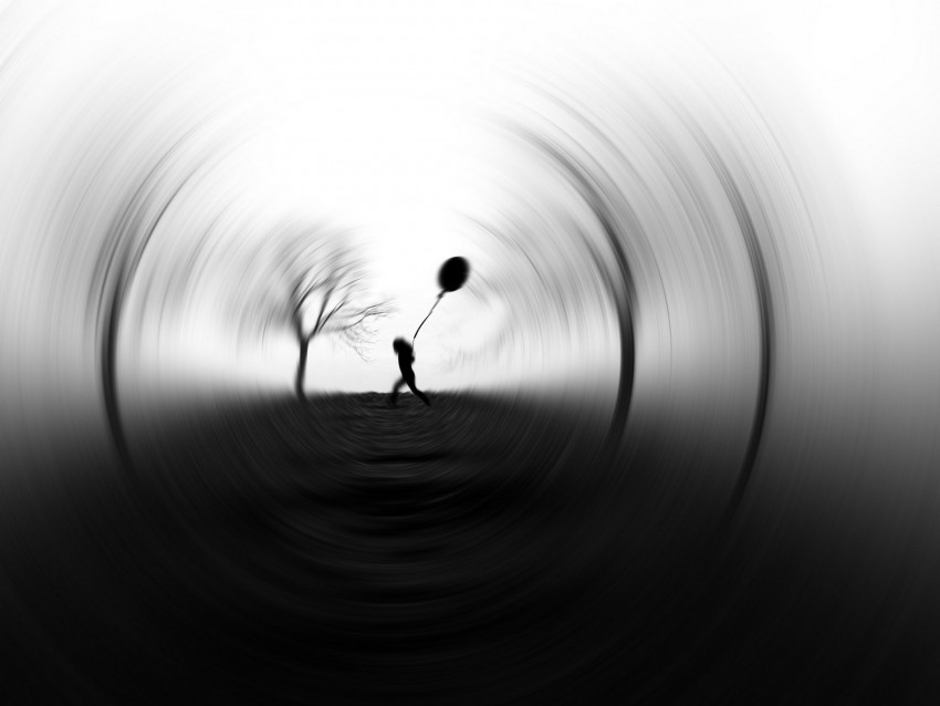 silhouette, balloon, bw, blur, focus