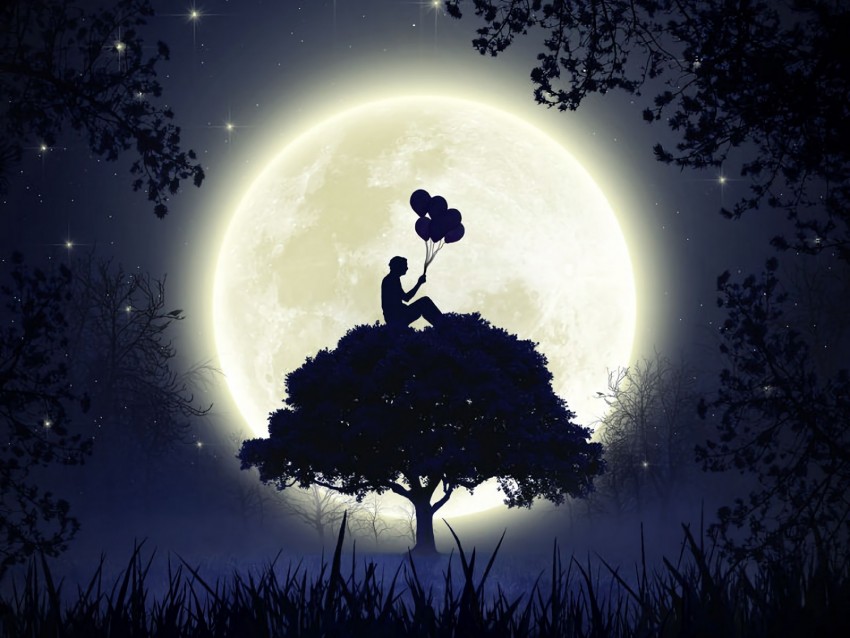 silhouette, balloons, moon, full moon, tree, art