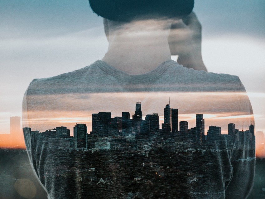 silhouette, city, double exposure, man, buildings, architecture