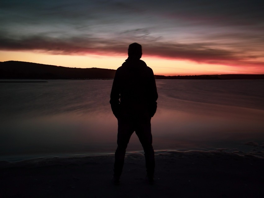 silhouette, dark, twilight, beach, lake, horizon