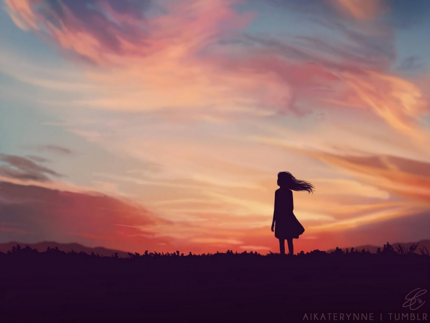 Silhouette Field Art Sky Evening Sunset Loneliness Background