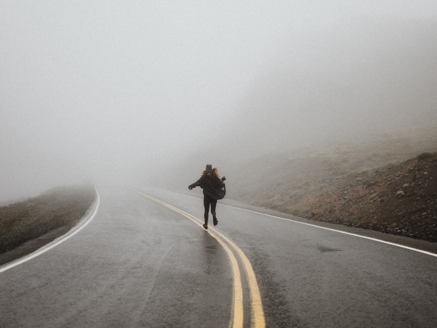 silhouette, fog, road, run, lonely, loneliness