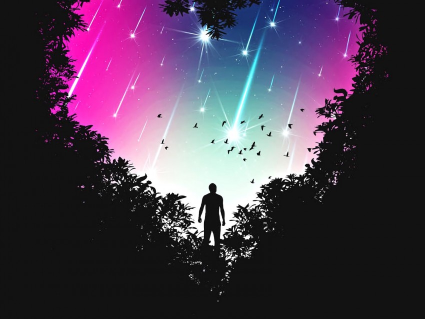 silhouette, heart, birds, stars