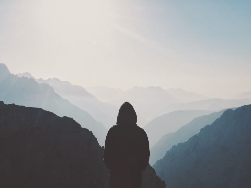 silhouette, hood, loneliness, mountains, fog