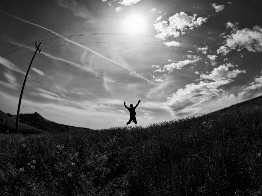 silhouette, jump, bw, field, freedom, sky