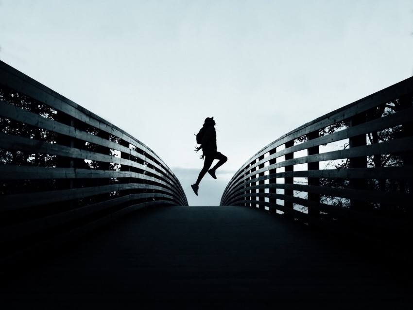 silhouette, jump, dark, railing, fence